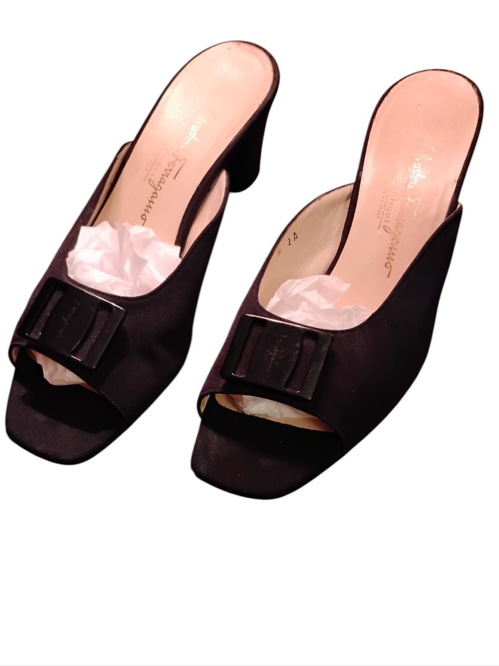Vintage Salvatore Ferragamo Black Satin Square Toe Mules - Size 9 - Picture 6 of 6